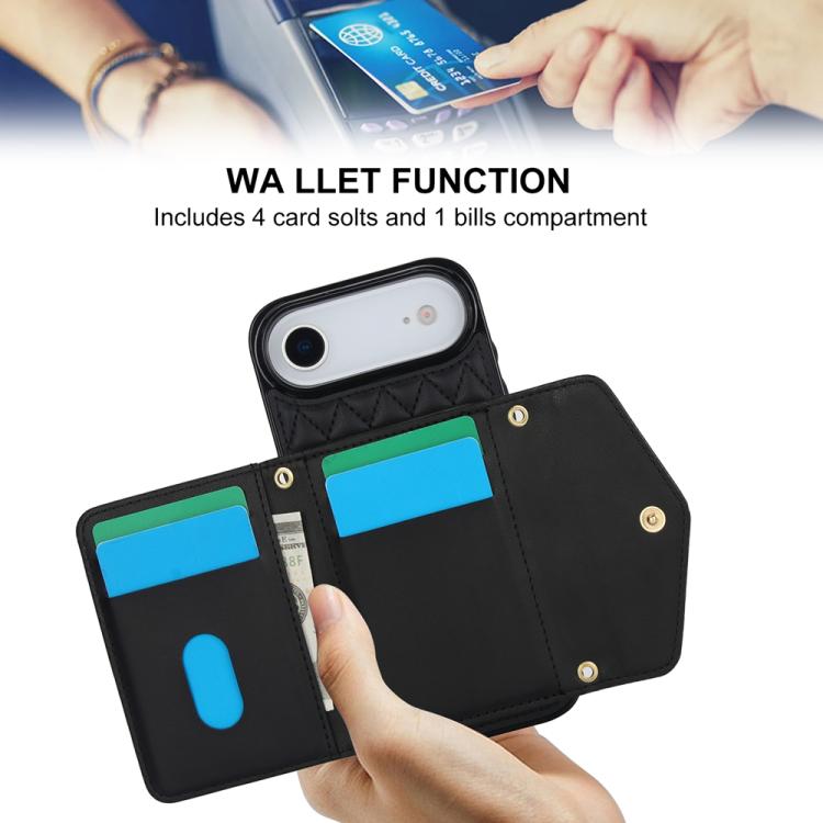 For iPhone Air Splicing Rhombic Texture Card Bag Phone Case with Long Lanyard