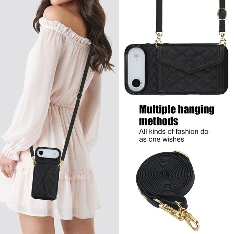 For iPhone Air Splicing Rhombic Texture Card Bag Phone Case with Long Lanyard