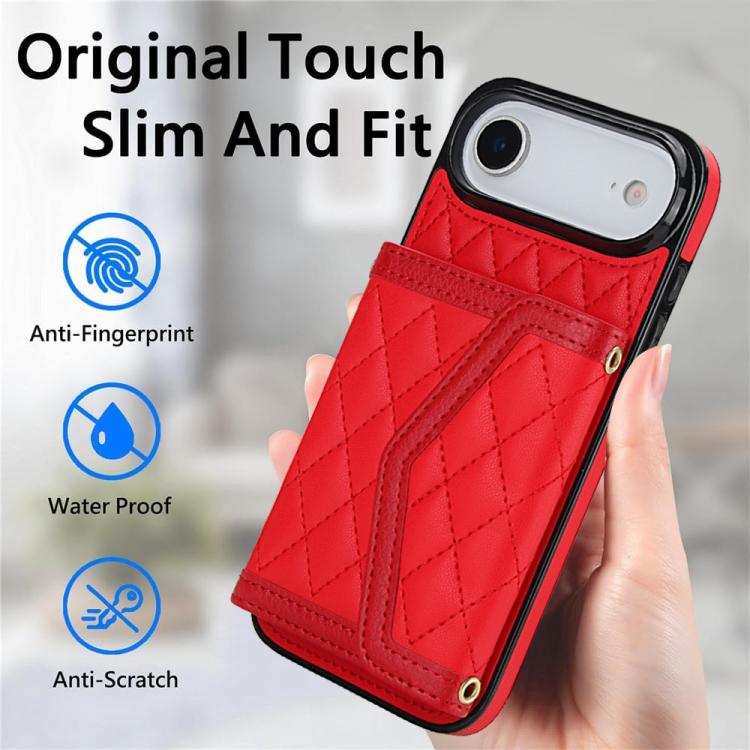 For iPhone Air Splicing Rhombic Texture Card Bag Phone Case with Long Lanyard