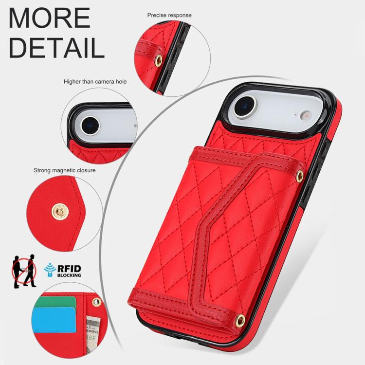 For iPhone Air Splicing Rhombic Texture Card Bag Phone Case with Long Lanyard