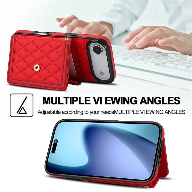 For iPhone Air Splicing Rhombic Texture Card Bag Phone Case with Long Lanyard