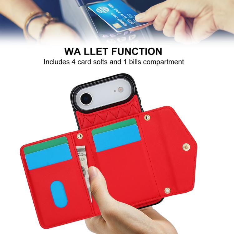 For iPhone Air Splicing Rhombic Texture Card Bag Phone Case with Long Lanyard