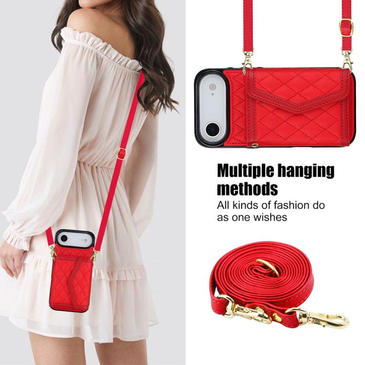 For iPhone Air Splicing Rhombic Texture Card Bag Phone Case with Long Lanyard