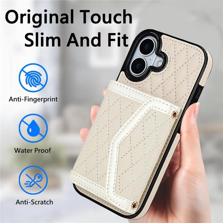 For iPhone 17 Splicing Rhombic Texture Card Bag Phone Case with Long Lanyard