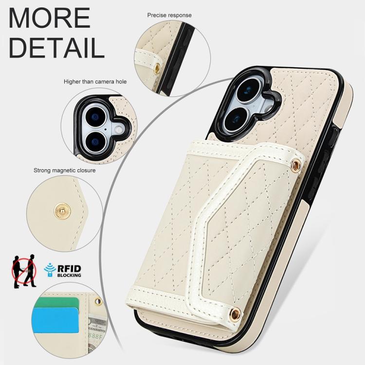 For iPhone 17 Splicing Rhombic Texture Card Bag Phone Case with Long Lanyard