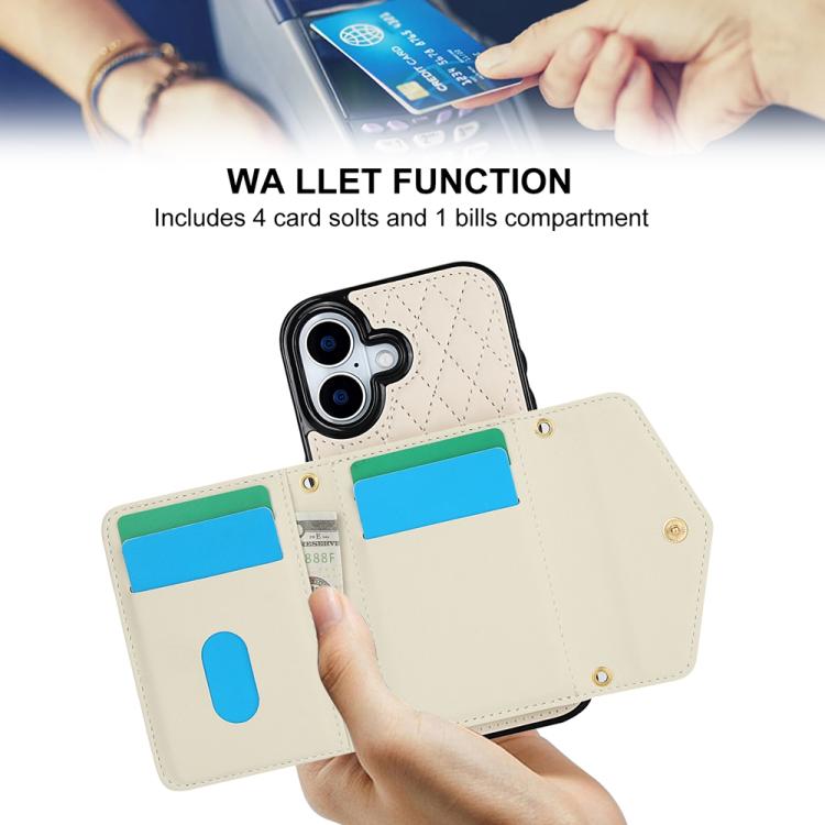 For iPhone 17 Splicing Rhombic Texture Card Bag Phone Case with Long Lanyard