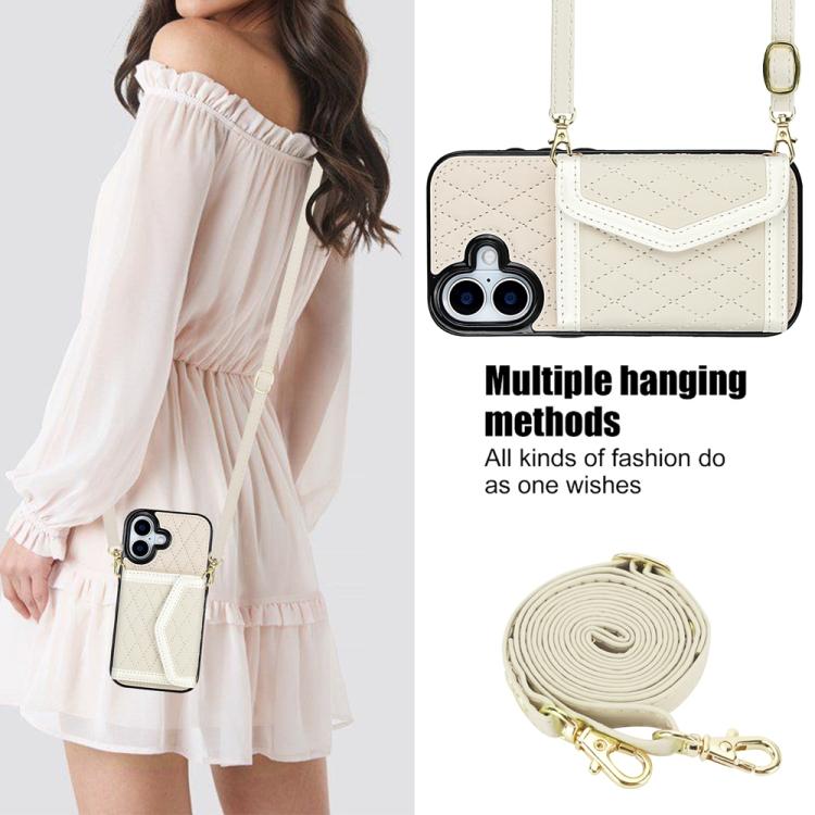 For iPhone 17 Splicing Rhombic Texture Card Bag Phone Case with Long Lanyard
