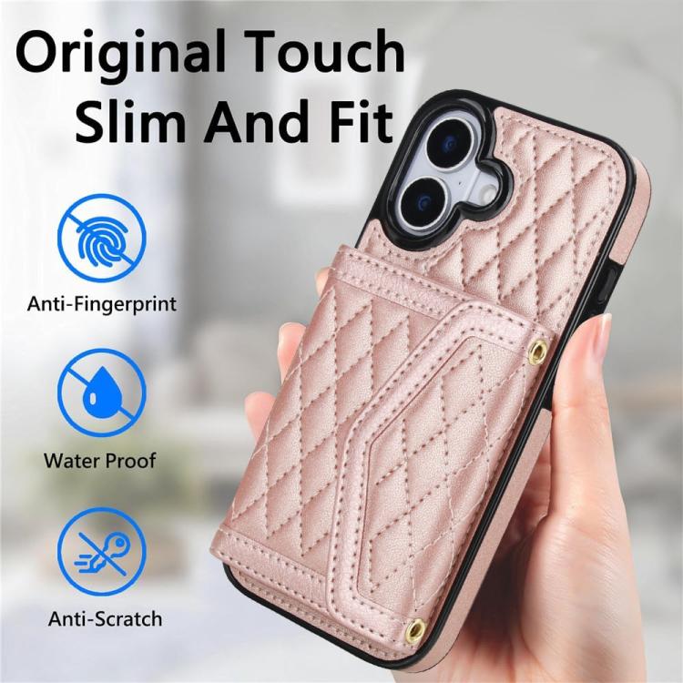 For iPhone 17 Splicing Rhombic Texture Card Bag Phone Case with Long Lanyard