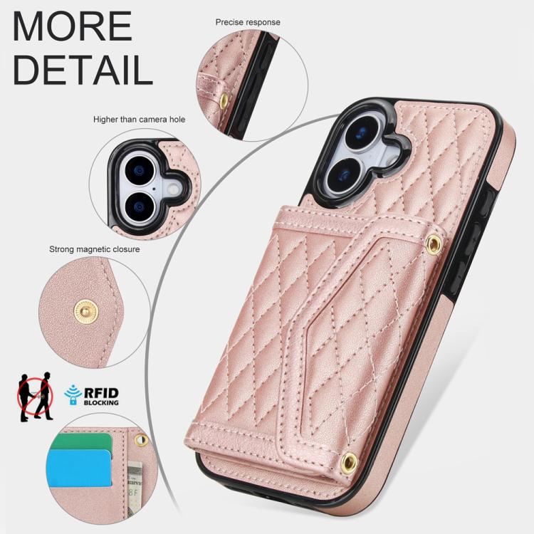 For iPhone 17 Splicing Rhombic Texture Card Bag Phone Case with Long Lanyard