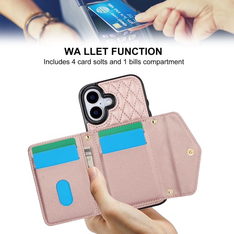 For iPhone 17 Splicing Rhombic Texture Card Bag Phone Case with Long Lanyard