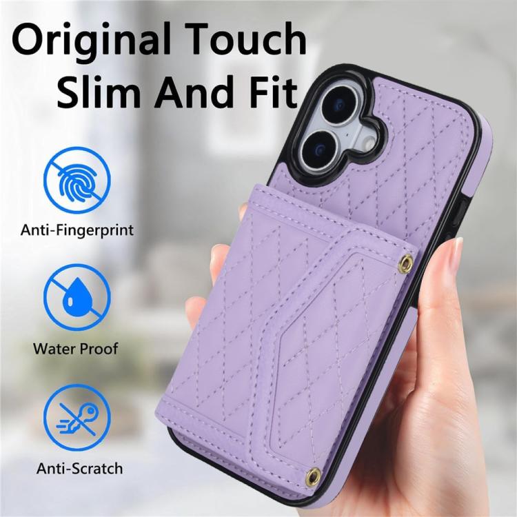 For iPhone 17 Splicing Rhombic Texture Card Bag Phone Case with Long Lanyard