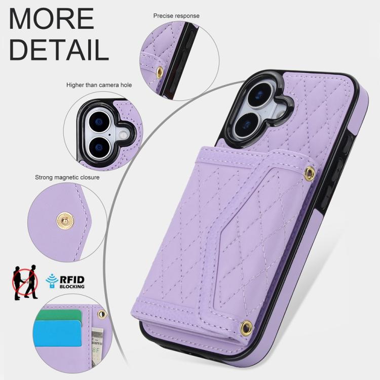 For iPhone 17 Splicing Rhombic Texture Card Bag Phone Case with Long Lanyard