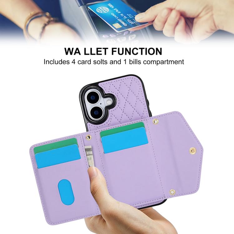 For iPhone 17 Splicing Rhombic Texture Card Bag Phone Case with Long Lanyard