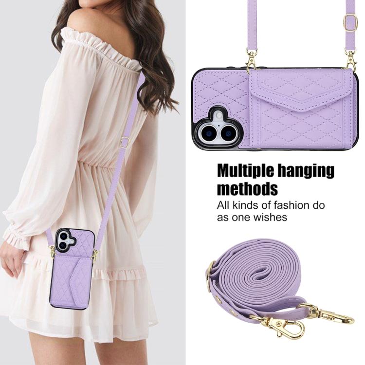For iPhone 17 Splicing Rhombic Texture Card Bag Phone Case with Long Lanyard