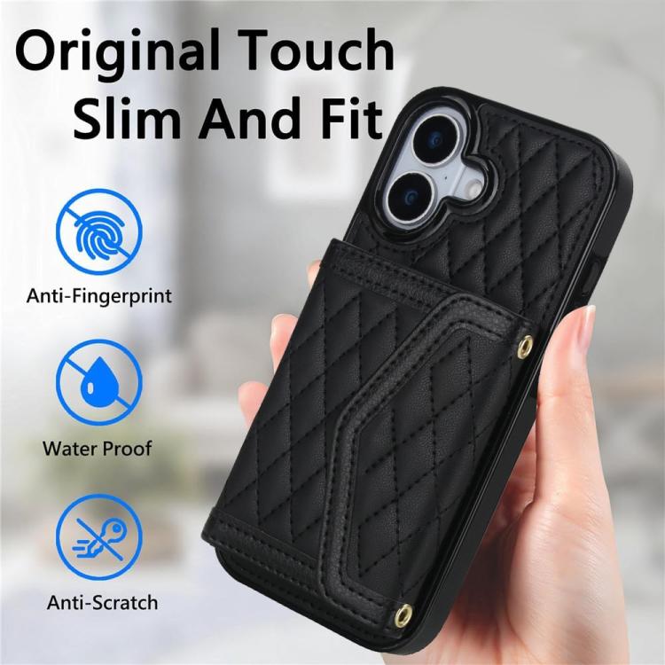For iPhone 17 Splicing Rhombic Texture Card Bag Phone Case with Long Lanyard