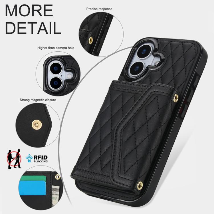 For iPhone 17 Splicing Rhombic Texture Card Bag Phone Case with Long Lanyard