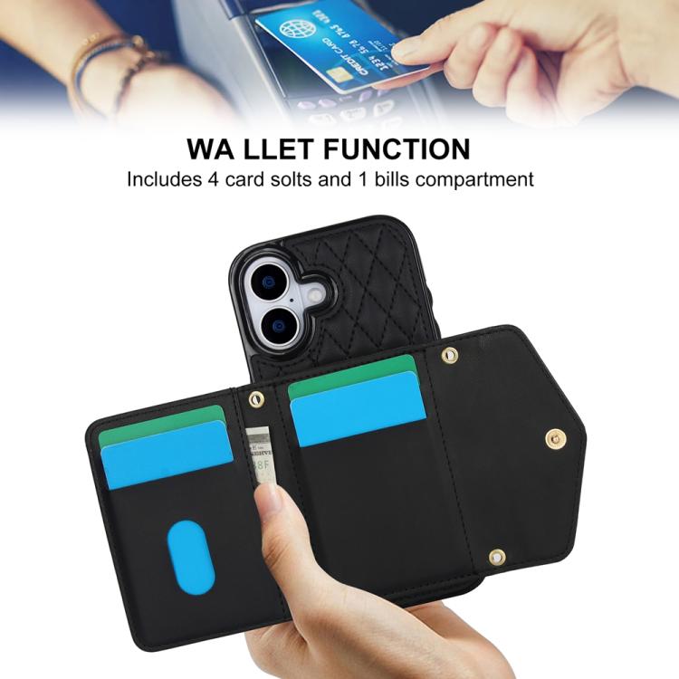 For iPhone 17 Splicing Rhombic Texture Card Bag Phone Case with Long Lanyard