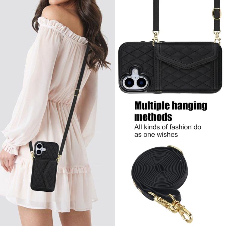 For iPhone 17 Splicing Rhombic Texture Card Bag Phone Case with Long Lanyard