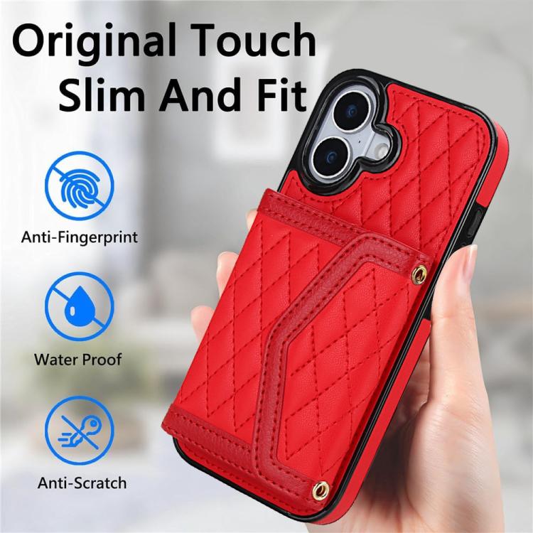 For iPhone 17 Splicing Rhombic Texture Card Bag Phone Case with Long Lanyard