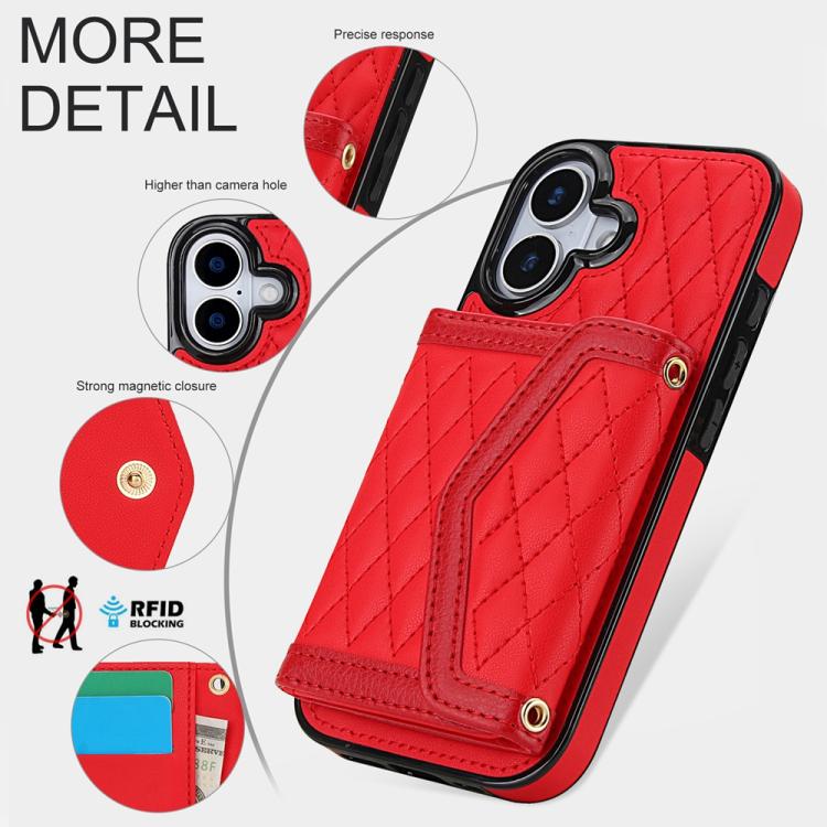 For iPhone 17 Splicing Rhombic Texture Card Bag Phone Case with Long Lanyard