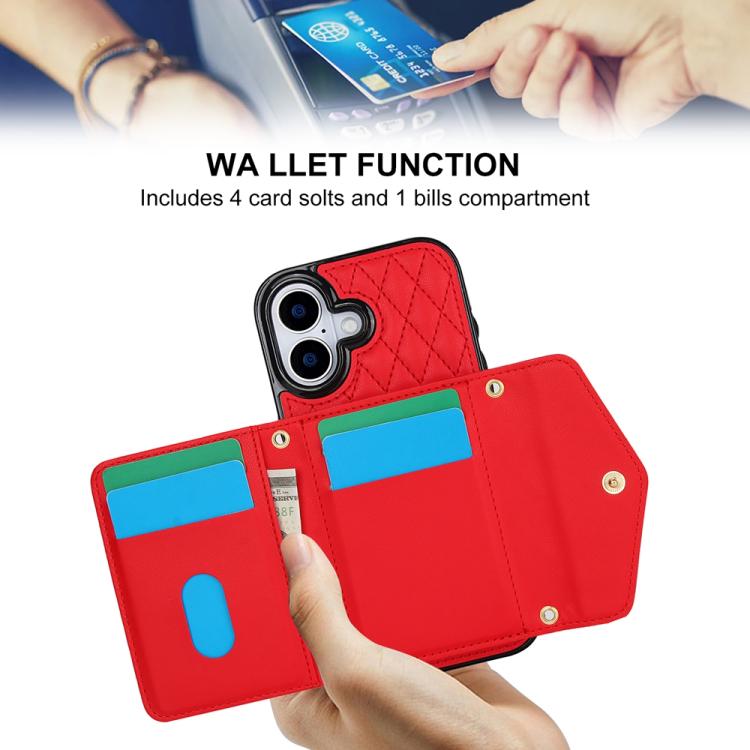 For iPhone 17 Splicing Rhombic Texture Card Bag Phone Case with Long Lanyard