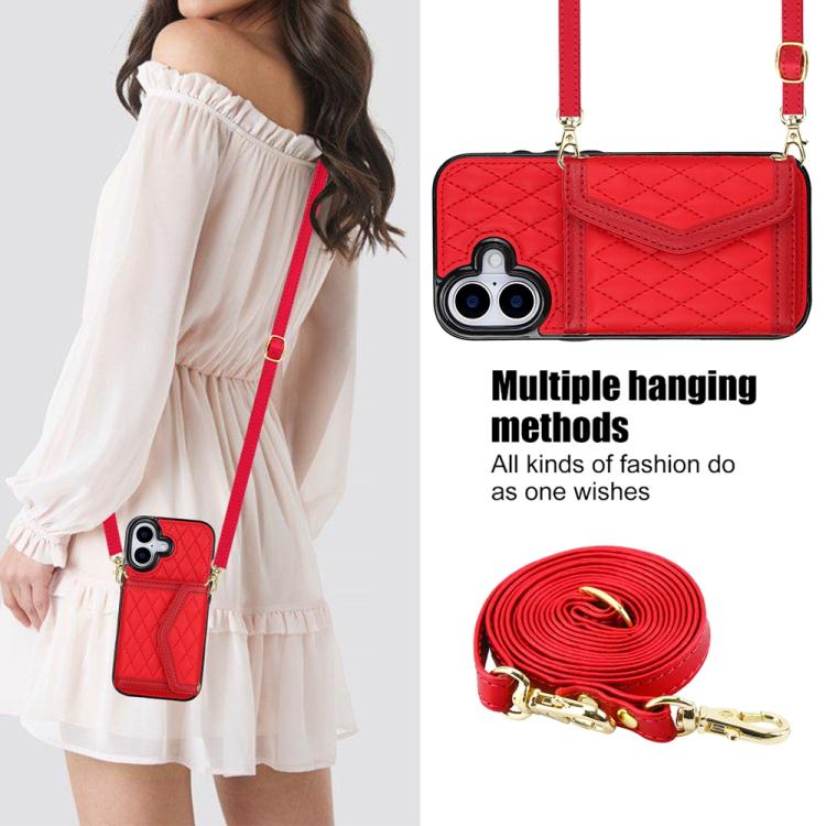 For iPhone 17 Splicing Rhombic Texture Card Bag Phone Case with Long Lanyard
