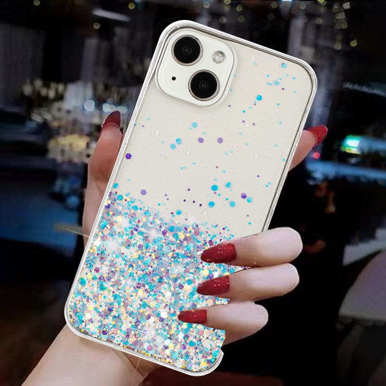 For iPhone 14 Plus Transparent Frame Noctilucent Glitter Powder TPU Phone Case