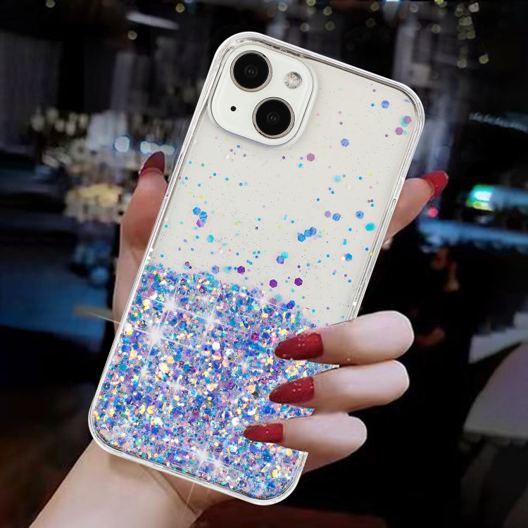 For iPhone 14 Plus Transparent Frame Noctilucent Glitter Powder TPU Phone Case