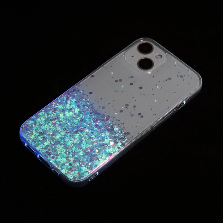 For iPhone 15 Plus Transparent Frame Noctilucent Glitter Powder TPU Phone Case