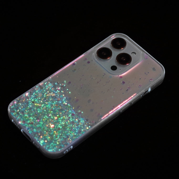 For iPhone 15 Pro Transparent Frame Noctilucent Glitter Powder TPU Phone Case