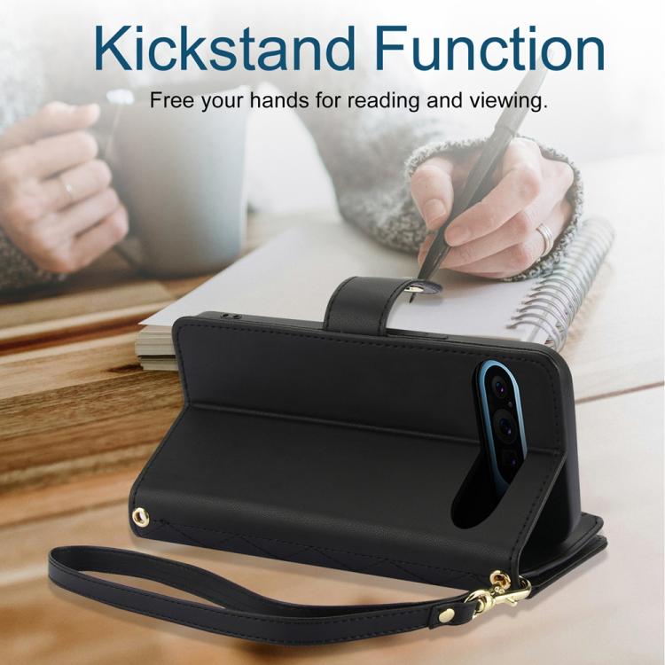 For Google Pixel 10 Pro XL / 9 Pro XL YM016 Rhombic Zipper Card Wallet Leather Phone Case with Lanyard