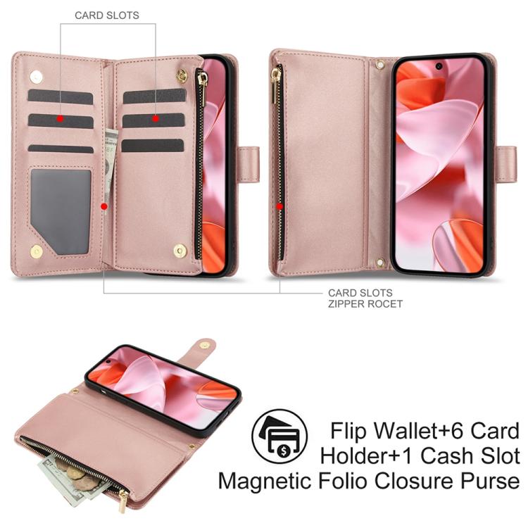For Google Pixel 10 Pro XL / 9 Pro XL YM016 Rhombic Zipper Card Wallet Leather Phone Case with Lanyard