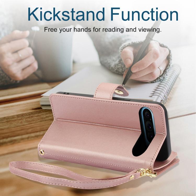 For Google Pixel 10 Pro XL / 9 Pro XL YM016 Rhombic Zipper Card Wallet Leather Phone Case with Lanyard