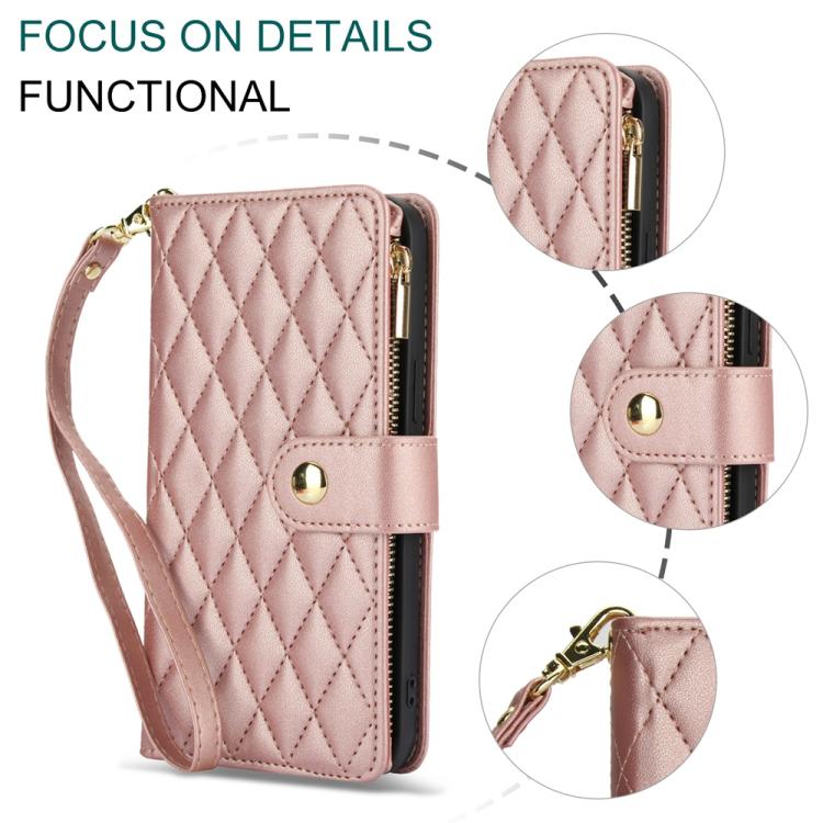 For Google Pixel 10 Pro XL / 9 Pro XL YM016 Rhombic Zipper Card Wallet Leather Phone Case with Lanyard