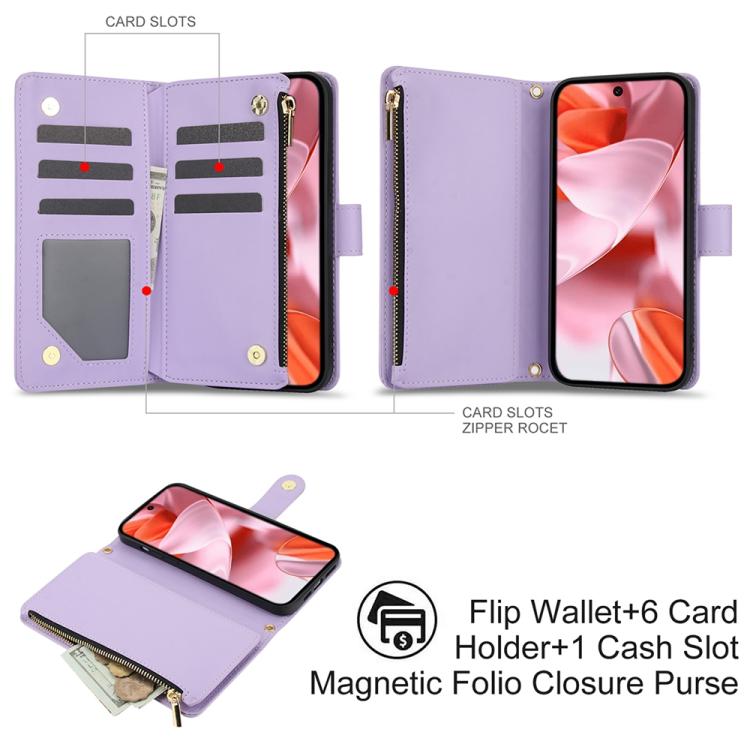 For Google Pixel 10 Pro XL / 9 Pro XL YM016 Rhombic Zipper Card Wallet Leather Phone Case with Lanyard