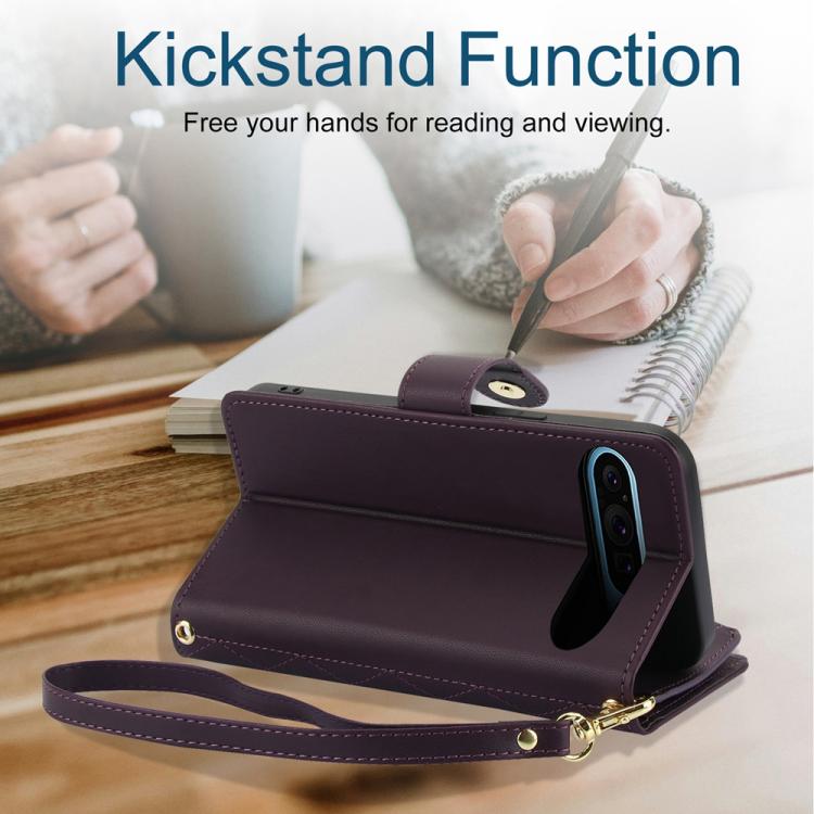 For Google Pixel 10 Pro XL / 9 Pro XL YM016 Rhombic Zipper Card Wallet Leather Phone Case with Lanyard