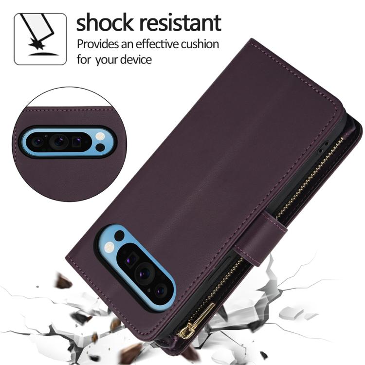 For Google Pixel 10 Pro XL / 9 Pro XL YM016 Rhombic Zipper Card Wallet Leather Phone Case with Lanyard