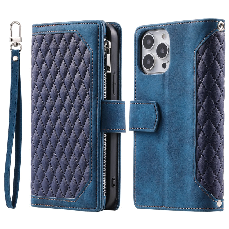 For Xiaomi Redmi 13 4G Grid Texture Zipper Leather Phone Case with Lanyard