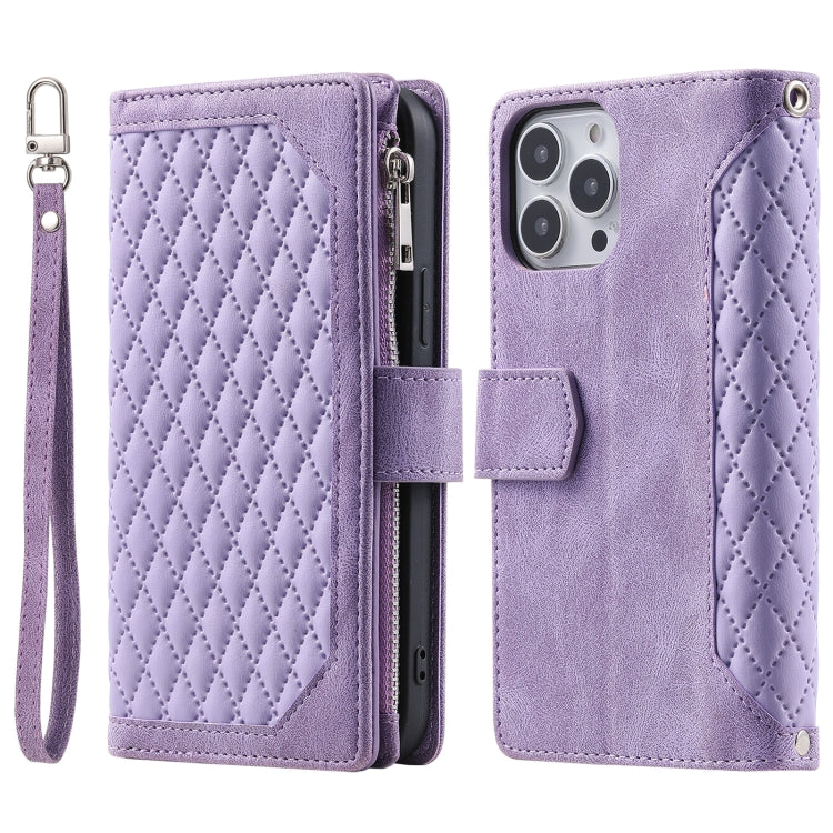For Xiaomi Redmi 13 4G Grid Texture Zipper Leather Phone Case with Lanyard