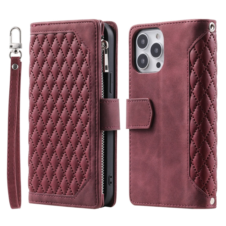 For Xiaomi Redmi 13 4G Grid Texture Zipper Leather Phone Case with Lanyard