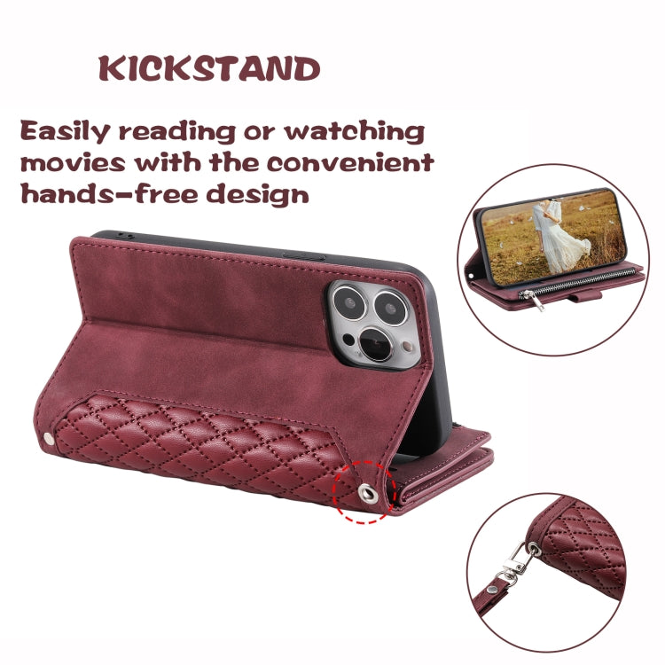 For Xiaomi Redmi 13 4G Grid Texture Zipper Leather Phone Case with Lanyard