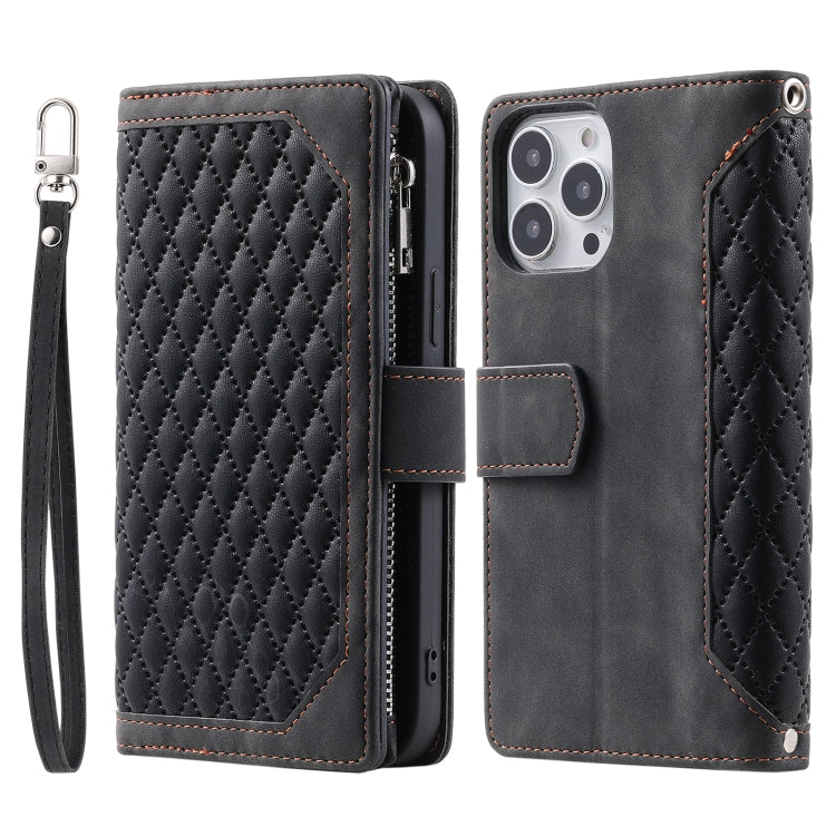 For Xiaomi Redmi 13 4G Grid Texture Zipper Leather Phone Case with Lanyard