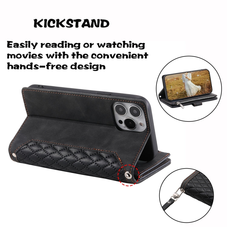 For Xiaomi Redmi 13 4G Grid Texture Zipper Leather Phone Case with Lanyard
