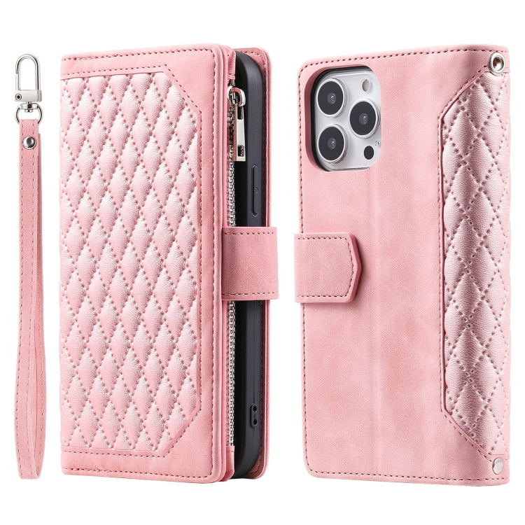 For Xiaomi Redmi 13 4G Grid Texture Zipper Leather Phone Case with Lanyard