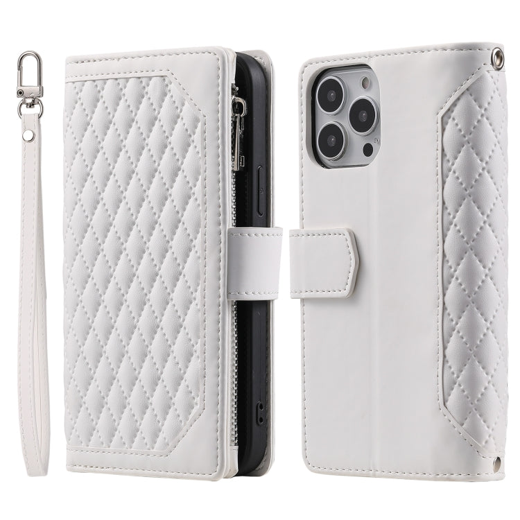 For Xiaomi Redmi 13 4G Grid Texture Zipper Leather Phone Case with Lanyard