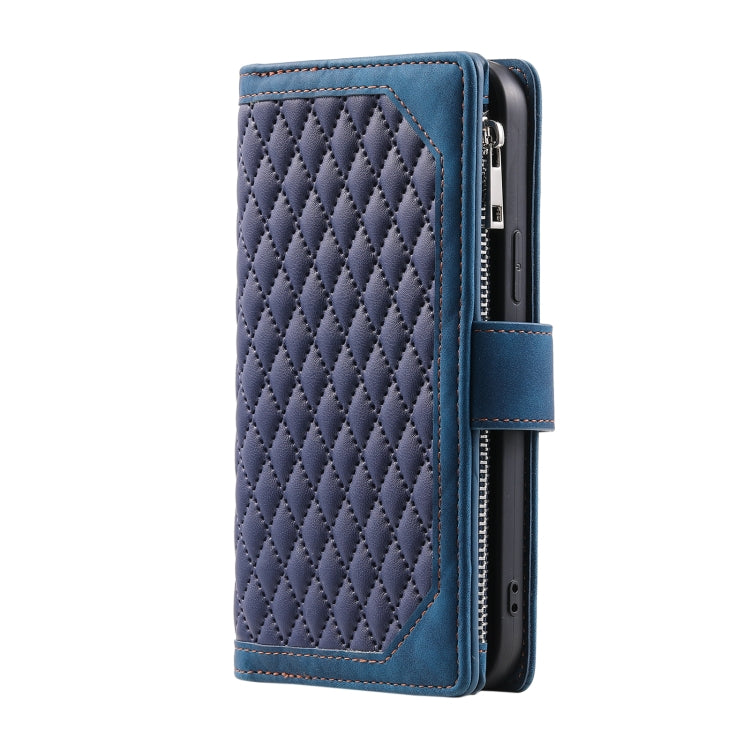 For Xiaomi Redmi Note 14 5G Grid Texture Zipper Leather Phone Case with Lanyard