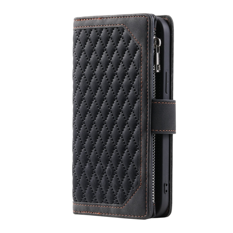 For Xiaomi Redmi Note 14 5G Grid Texture Zipper Leather Phone Case with Lanyard