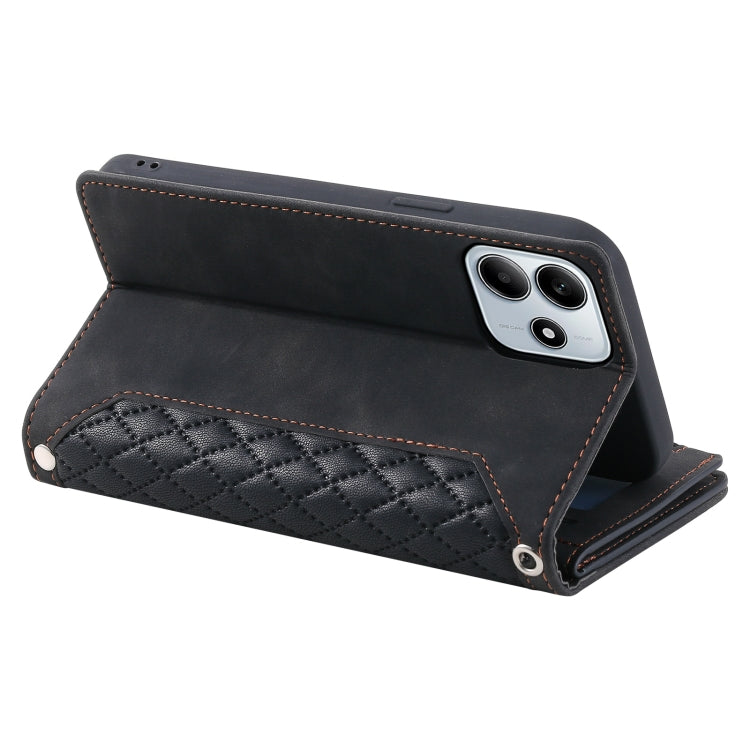For Xiaomi Redmi Note 14 5G Grid Texture Zipper Leather Phone Case with Lanyard