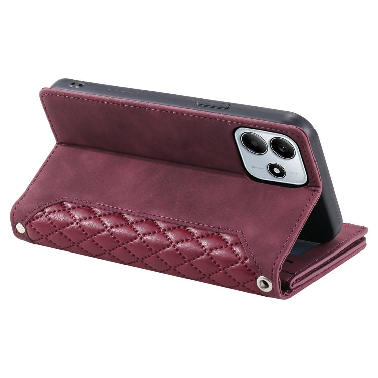 For Redmi Note 14 4G EU 164.84mm Grid Texture Zipper Leather Phone Case with Lanyard