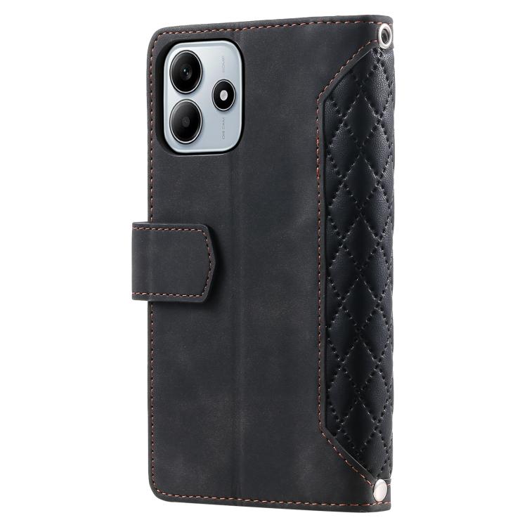 For Redmi Note 14 4G EU 164.84mm Grid Texture Zipper Leather Phone Case with Lanyard